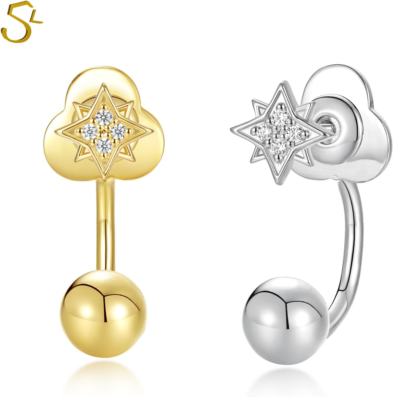 S.L.J Brass 14K Gold Plated Silver Plated Convertible Earrings │ Cross, Heart, Star │ U-shaped Curved Rod, Dainty Earrings for Women Lightweight