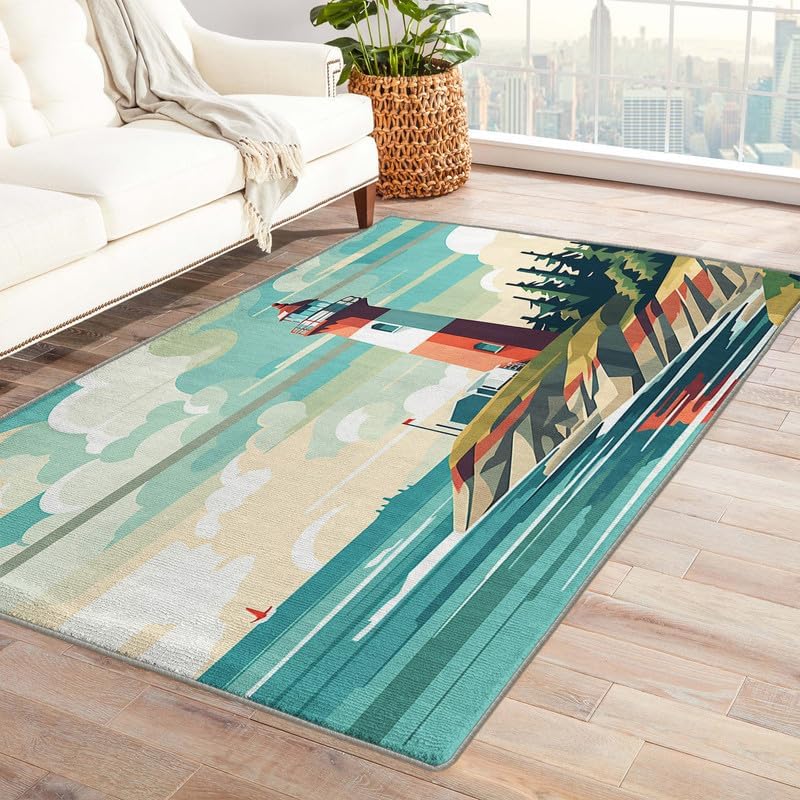 Miniatura 20 de Alfombras lavables para entrada, sala de estar, dormitorio, alfombra de faro y decoración del hogar, alfombra de área náutica de 2 x 3, Faro 03