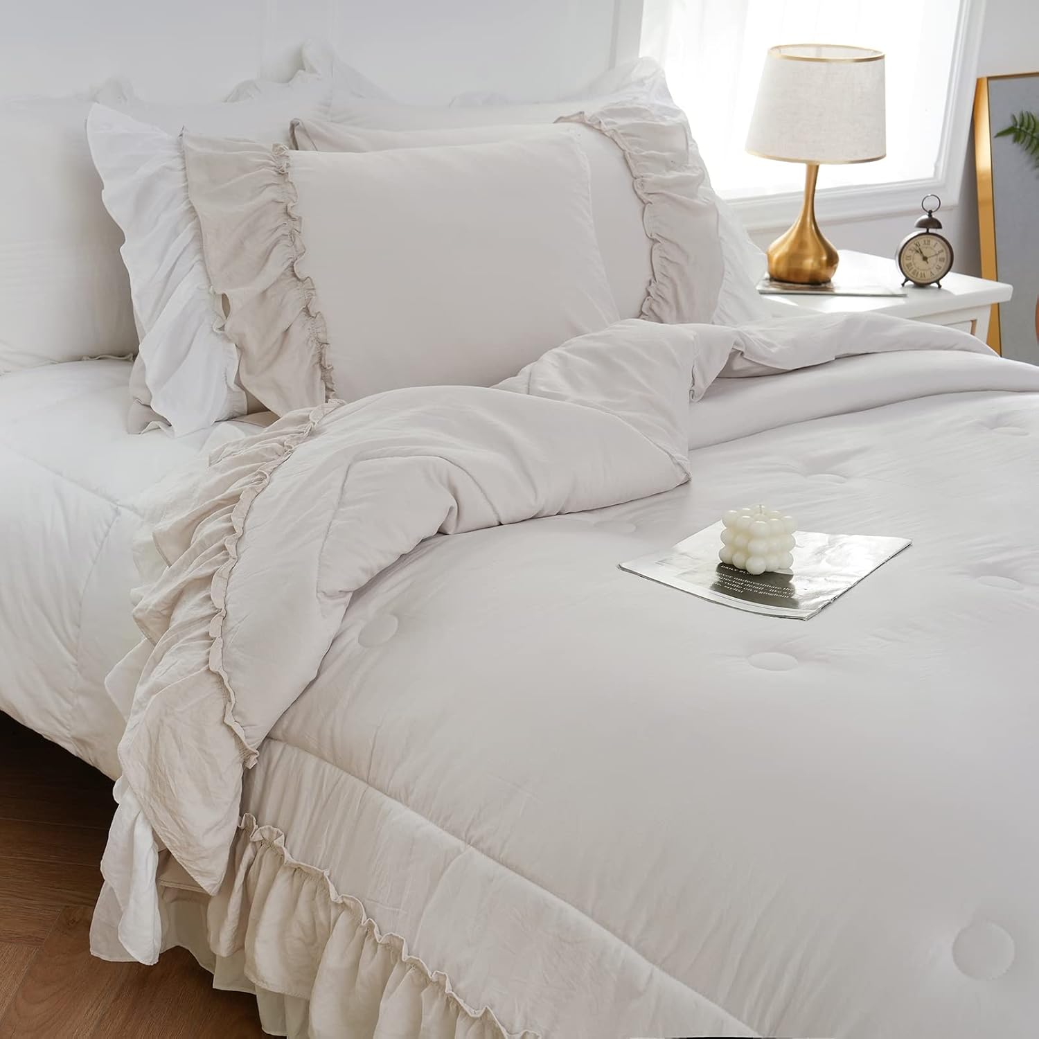 Bedding_Dreamer Beige and White Two-Tone Ruffle Comforter Set Queen, 3 Pieces Shabby Chic Farmhouse Bedding, Soft Microfiber Comforter with Matching Shams, All Season