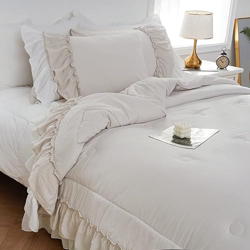 Miniatura 9 de Juego de edredón de 2 capas con volantes y estilo bohemio Comfrter King, color beige, estilo Shabby Chic para decoración del hogar, ropa de cama de