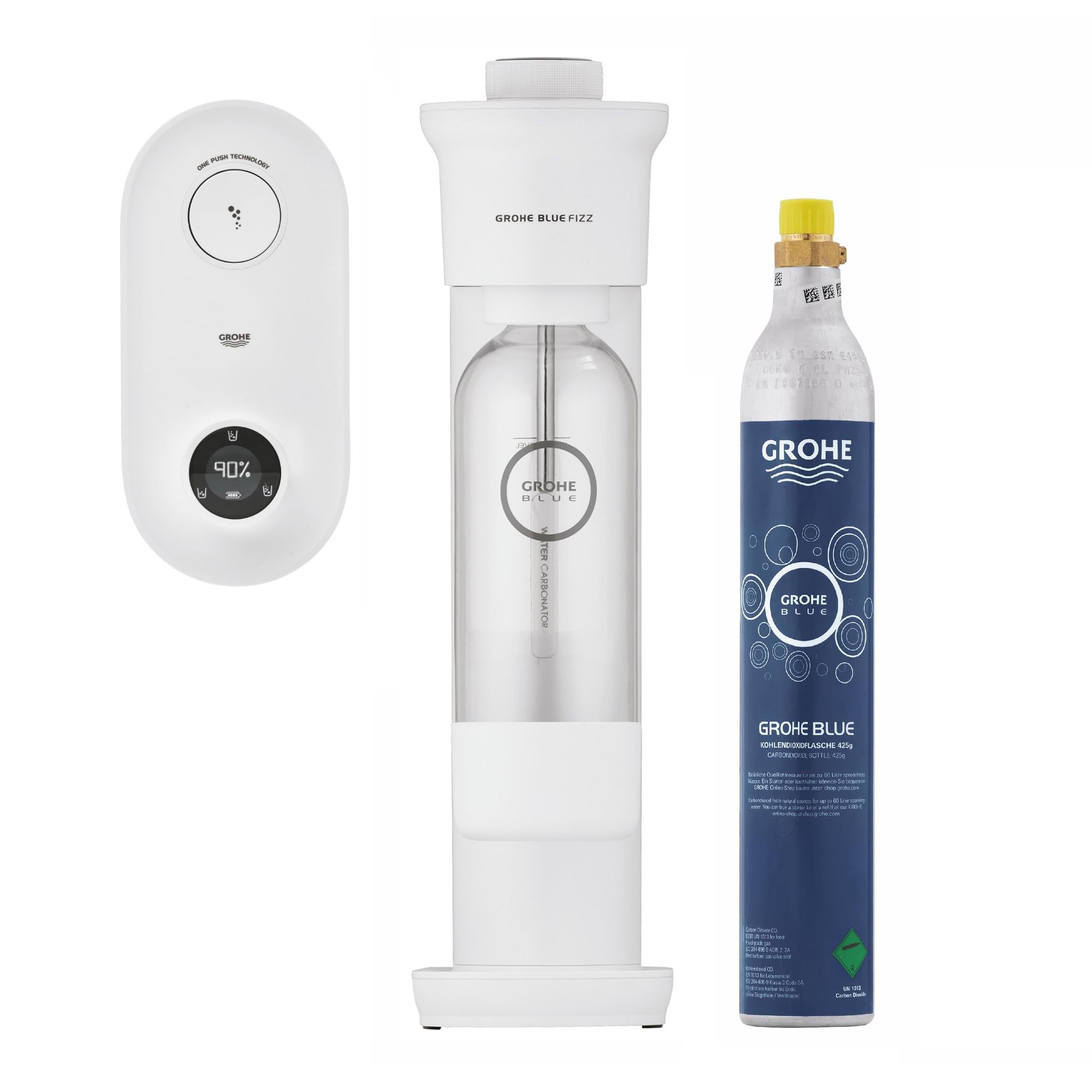 GROHE Blue Fizz 31945L00 Kit de démarrage pour machine à gazéifier avec indicateur de niveau de CO2, 3 niveaux de CO2 réglables, 1 bouteille d'eau de 0,85 l et 1 poudre de nettoyage Blanc