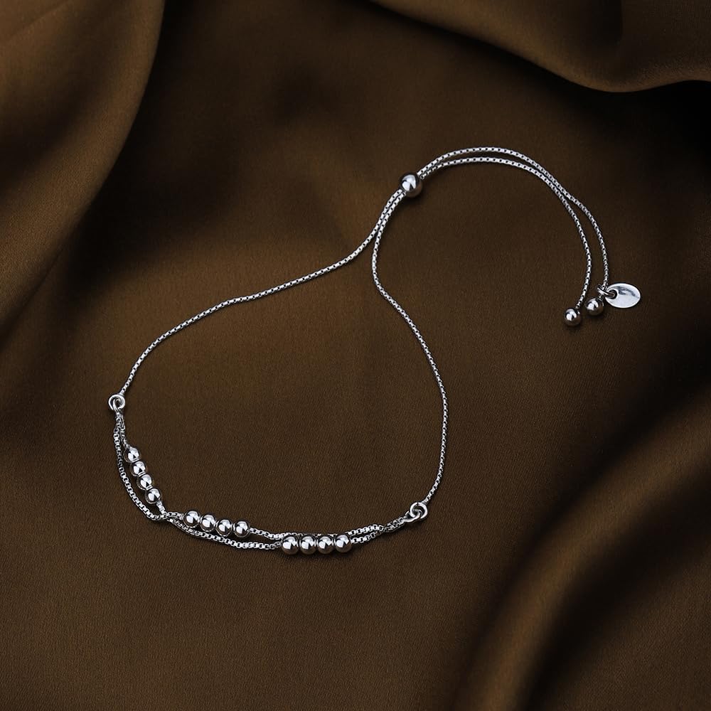 Vanbelle Sterling Silver Jewelry - Rhodium Plated with 925 Stamp - Double Layered Beaded Chain Adjustable Bracelet - Elegant Handcrafted for Women
