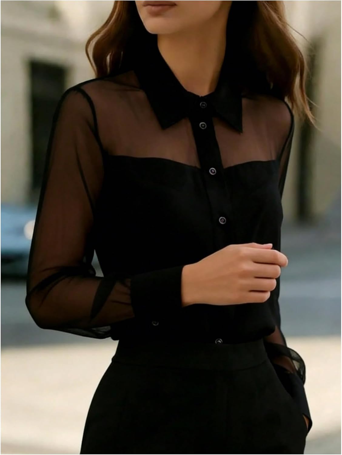 SOLY HUX Women's Sheer Mesh Long Sleeve Blouse Button Down Collared Shirts See Through Office Tops