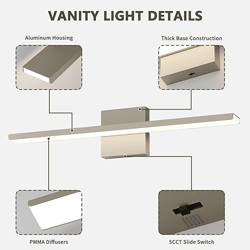 Miniatura 5 de JUSHENG Luces de tocador de níquel cepillado para accesorios de baño, 5CCT regulable, barra de luz LED de tocador para baño, 24 pulgadas, 24 W,