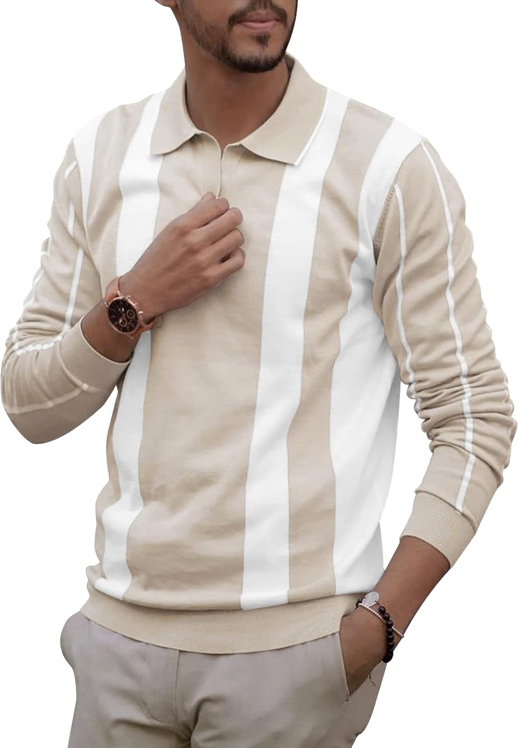 Mens Cotton Long Sleeve Polo Shirts Casual Knit Shirt with Collar Golf Polo Banded Bottom Tops E-gray XX-Large