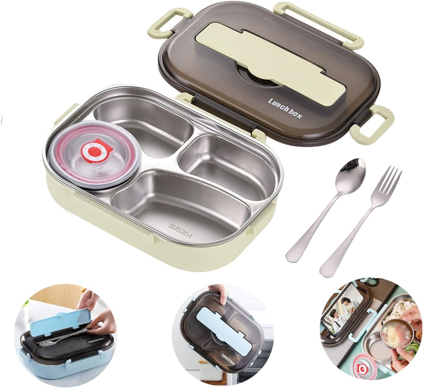 Lunch Box with Soup Bowl, Necomi Bento box 304 Stainless Steel with Spoon,Thermal Insulation Bento lunch box 4 Compartments Lunch Container for Adults,Food-Safe Materials and Leak-proof (Green)