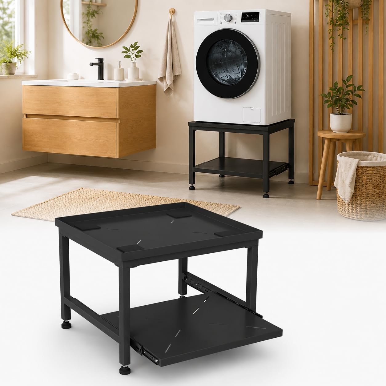 Soporte para lavadora de 45,5 cm, 200 kg, color negro | Marco de acero con almohadillas antivibración, pies ajustables y superficie de almacenamiento