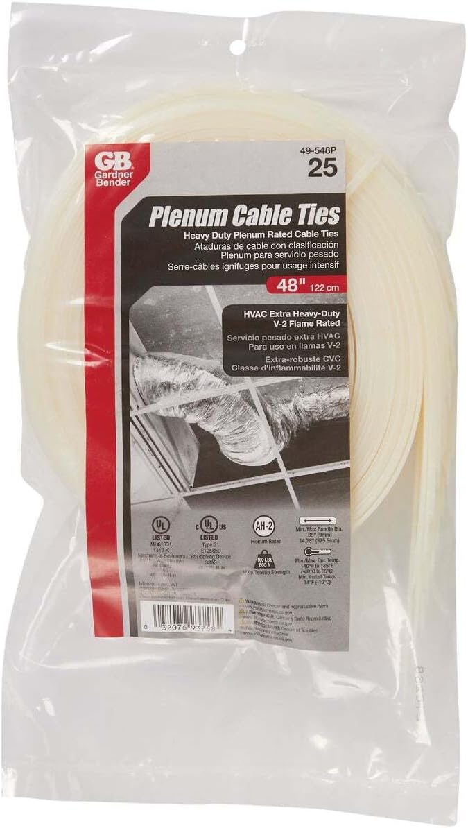 Gardner Bender 49-548P Cable Tie Heavy Duty Plenum 48" 180lb Natural; 25/bag 10 Bags/Master