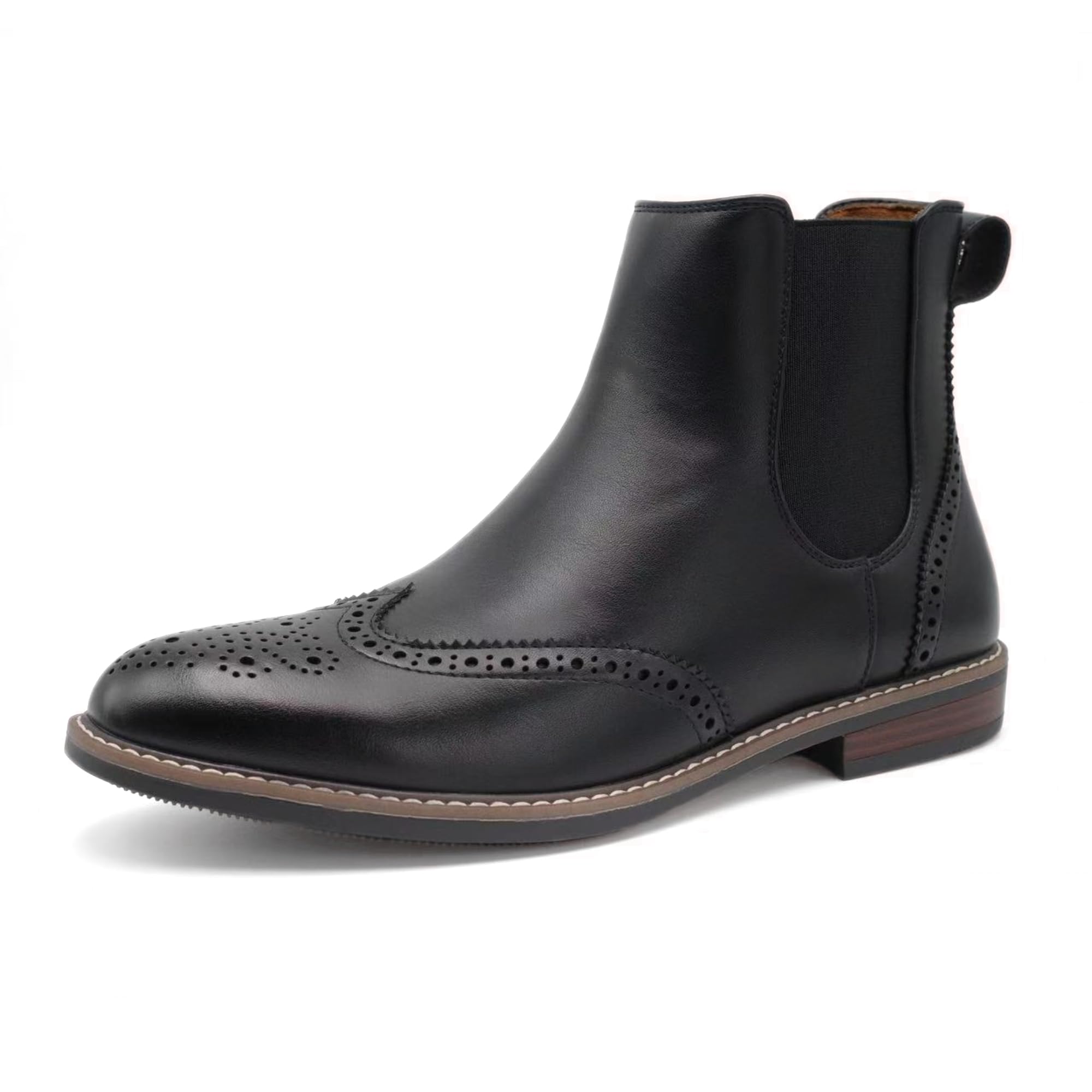 Finishing & Sewing Botines Chelsea para hombre, Brogue Wingtip, piel marrón, inserción elástica