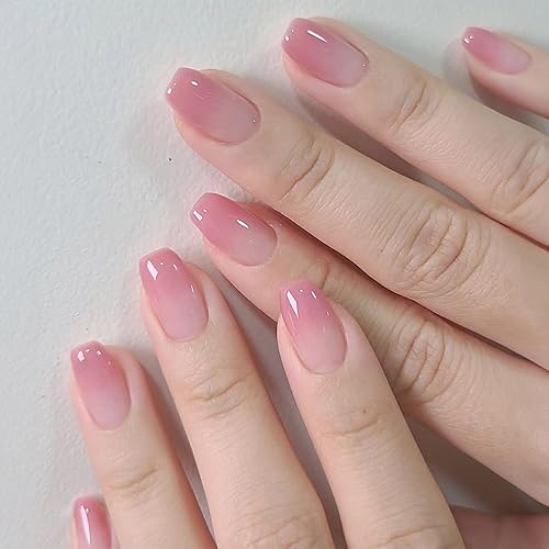 Uñas postizas largas a presión, estilo ataúd, francesas, de cobertura completa, color rosa, con diseños degradados, uñas acrílicas brillantes, uñas