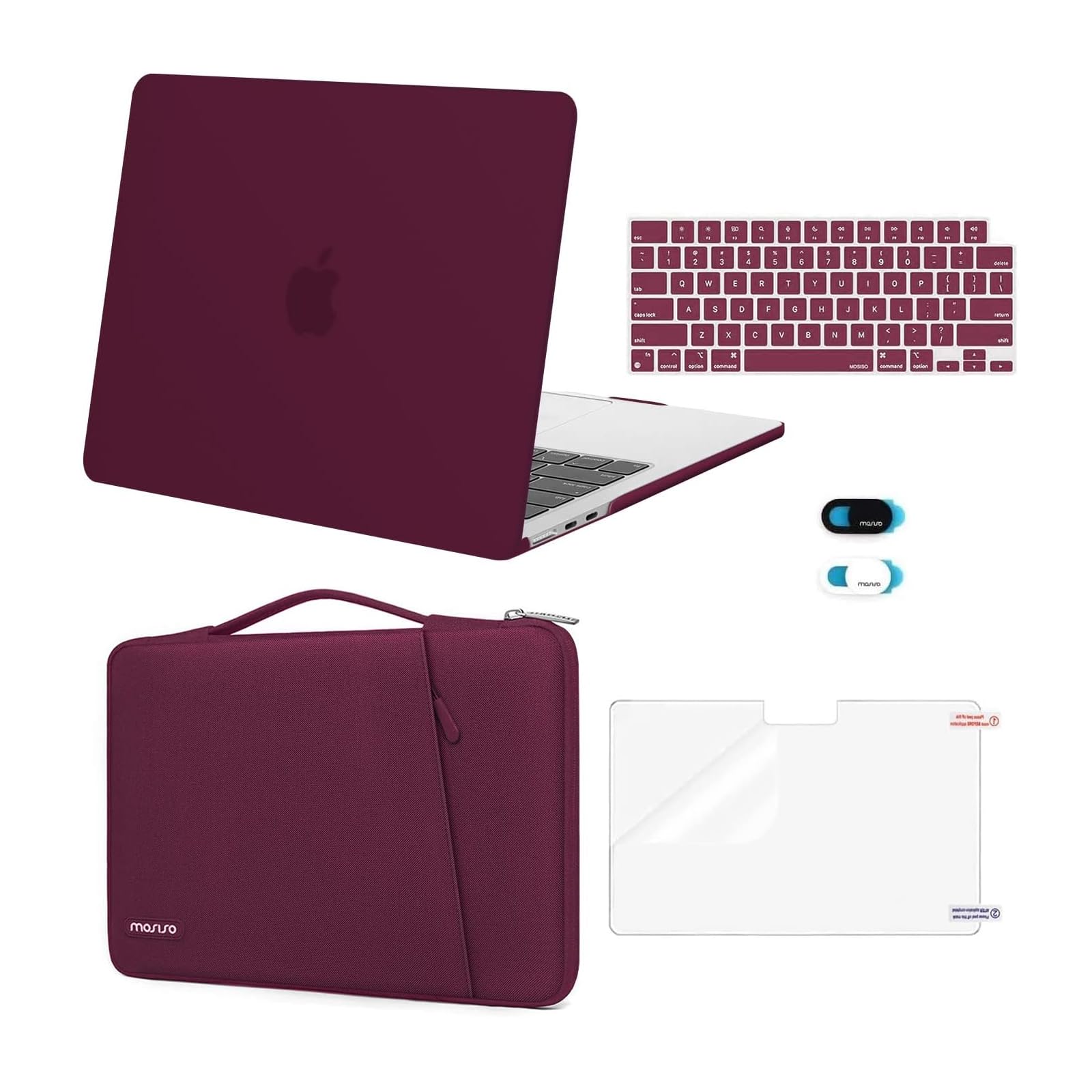 MOSISO Compatible with MacBook Air 13 inch Case 2025 2024 2023 2022 M4 A3240 M3 A3113 M2 A2681, Plastic Hard Shell Case&360 Protective Bevel Bag&Keyboard Cover&Webcam Cover&Screen Film, Burgundy
