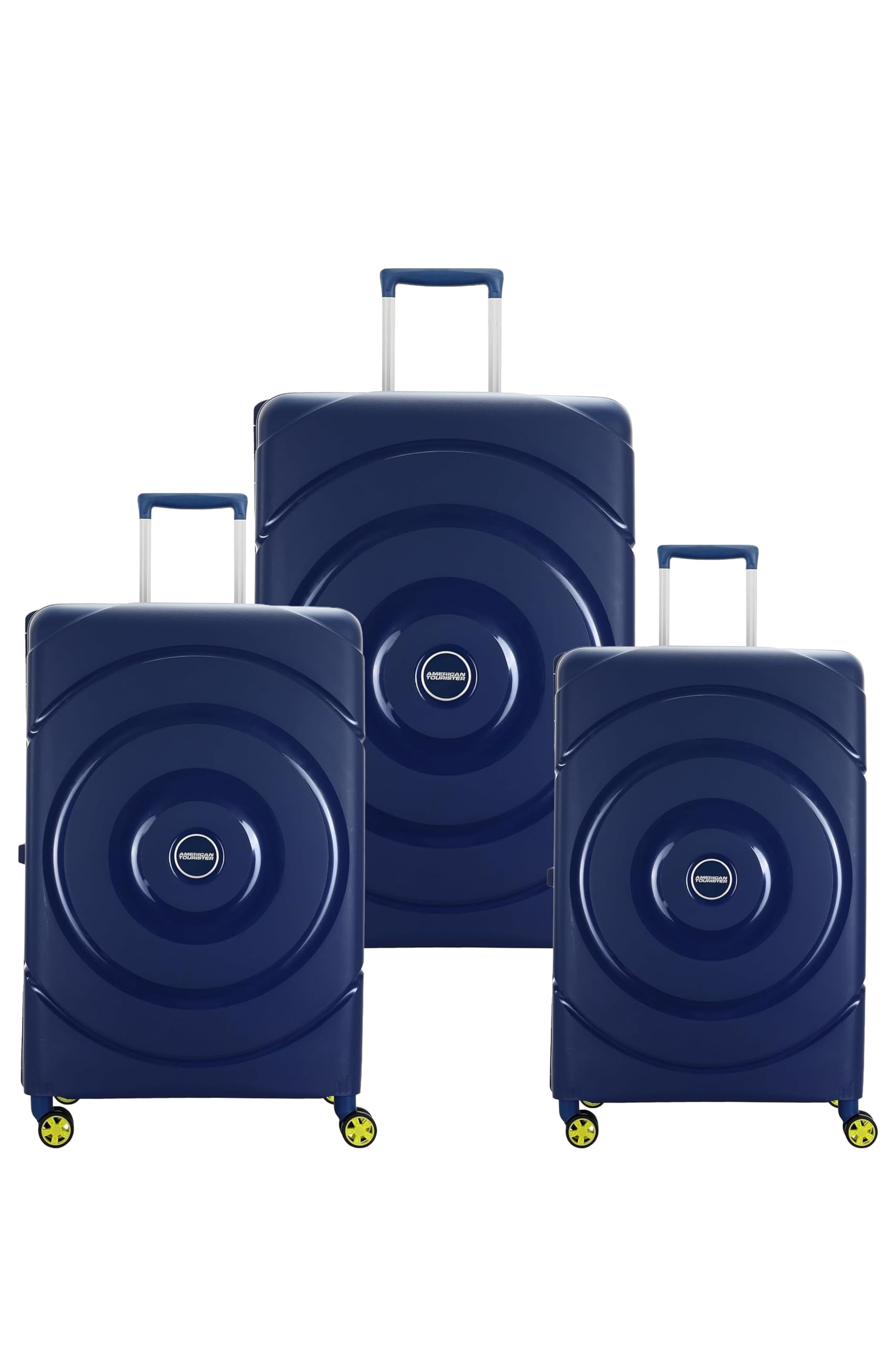 polycarbonate set of 3(55+68+77) cm cabin and check in hardside suitcase with xtrasecure 3-point locking system & double spinner 8 wheels trolley bag for travel (deep blue)