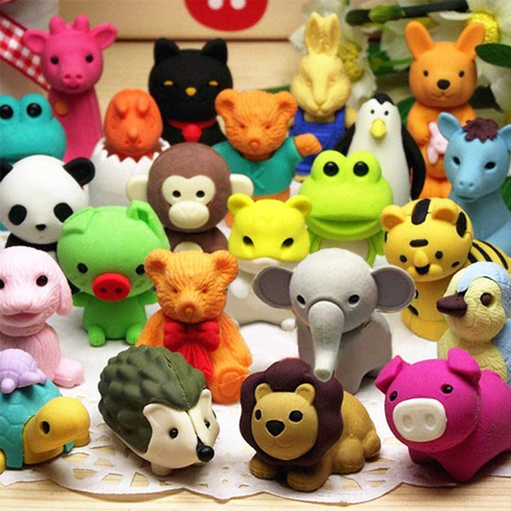 Erasers for Kids 30 pcs Fun Erasers Creative Desk Pets Cute Erasers for 3 Years Above Childs Classroom Mini erasers for Kids- Bulk erasers for School Rewards Prizes Mixed Color-Animal Erasers