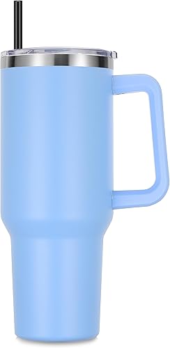 DOMICARE Vaso de 40 oz con asa y pajita, vaso de acero inoxidable con tapa y pajita, vaso reutilizable aislado al vacío, taza para café de viaje,
