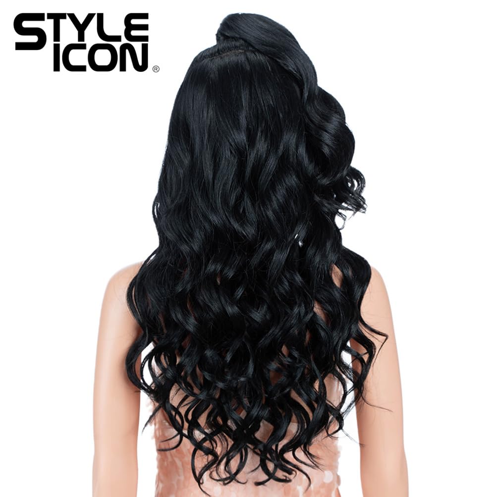 Style Icon Black Wig Lace Front Free Part Lace Frontal U Part Wig 24" Updo Long Wavy Wig With Bangs High Temperature Synthetic Wig (24 Inches, 1)
