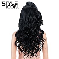 Vista 4 de Style Icon - Peluca de encaje frontal negra con parte libre, estilo U, de 24" de largo, ondulada con flequillo, sintética, resistente a altas 1