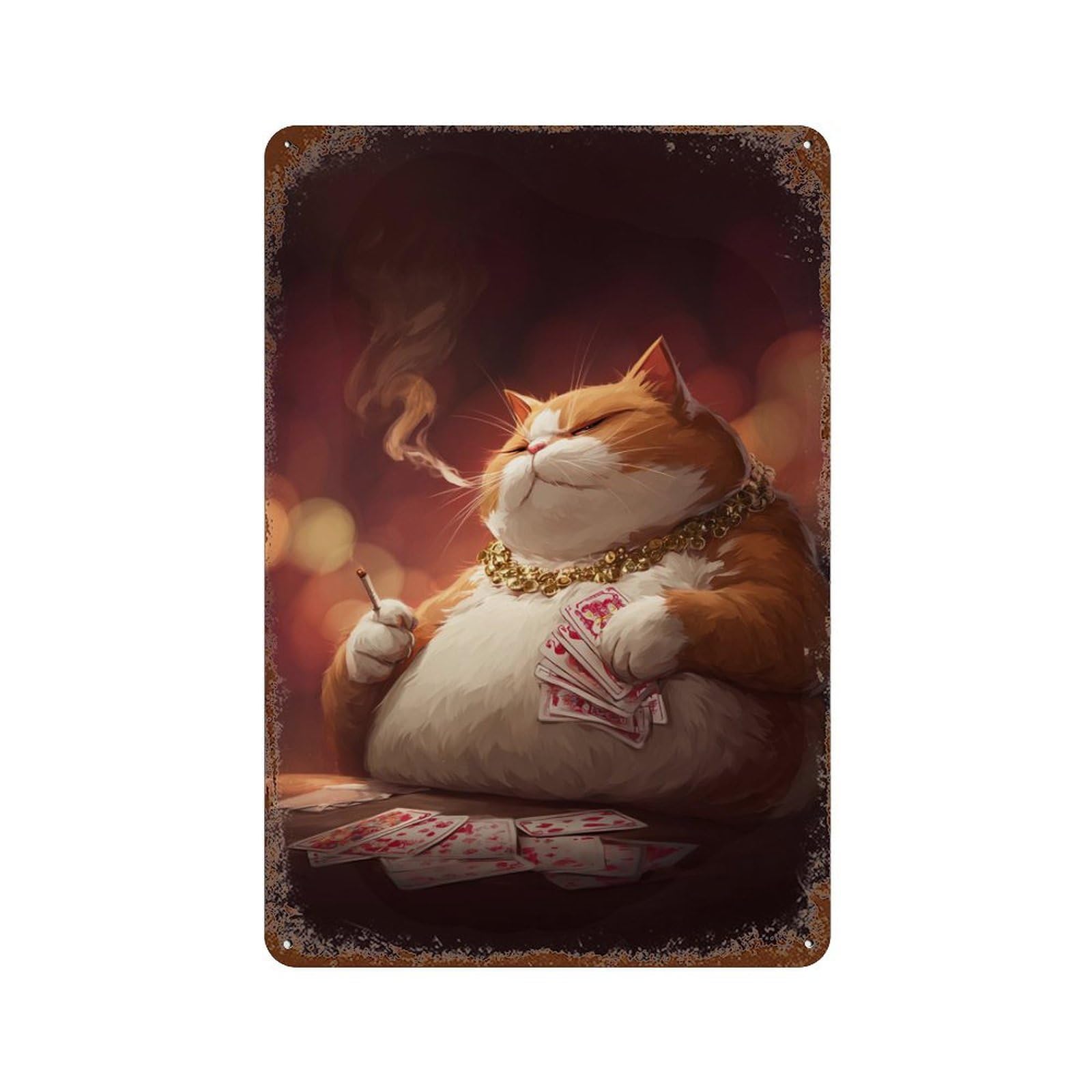 Chill Cat Smoking And Playing Cards 11.8"x7.9" Rust Effect Tin Sign, Old School Wall Decor for Pub, Kitchen And Man Cave Decor