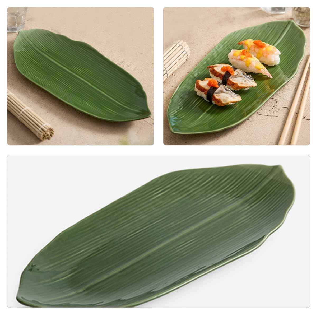 Assiette à Sushi Facile à Nettoyer Forme Feuille Naturelle en Céramique Verte 37cm pour Service Alimentaire Restaurants et Hôtels