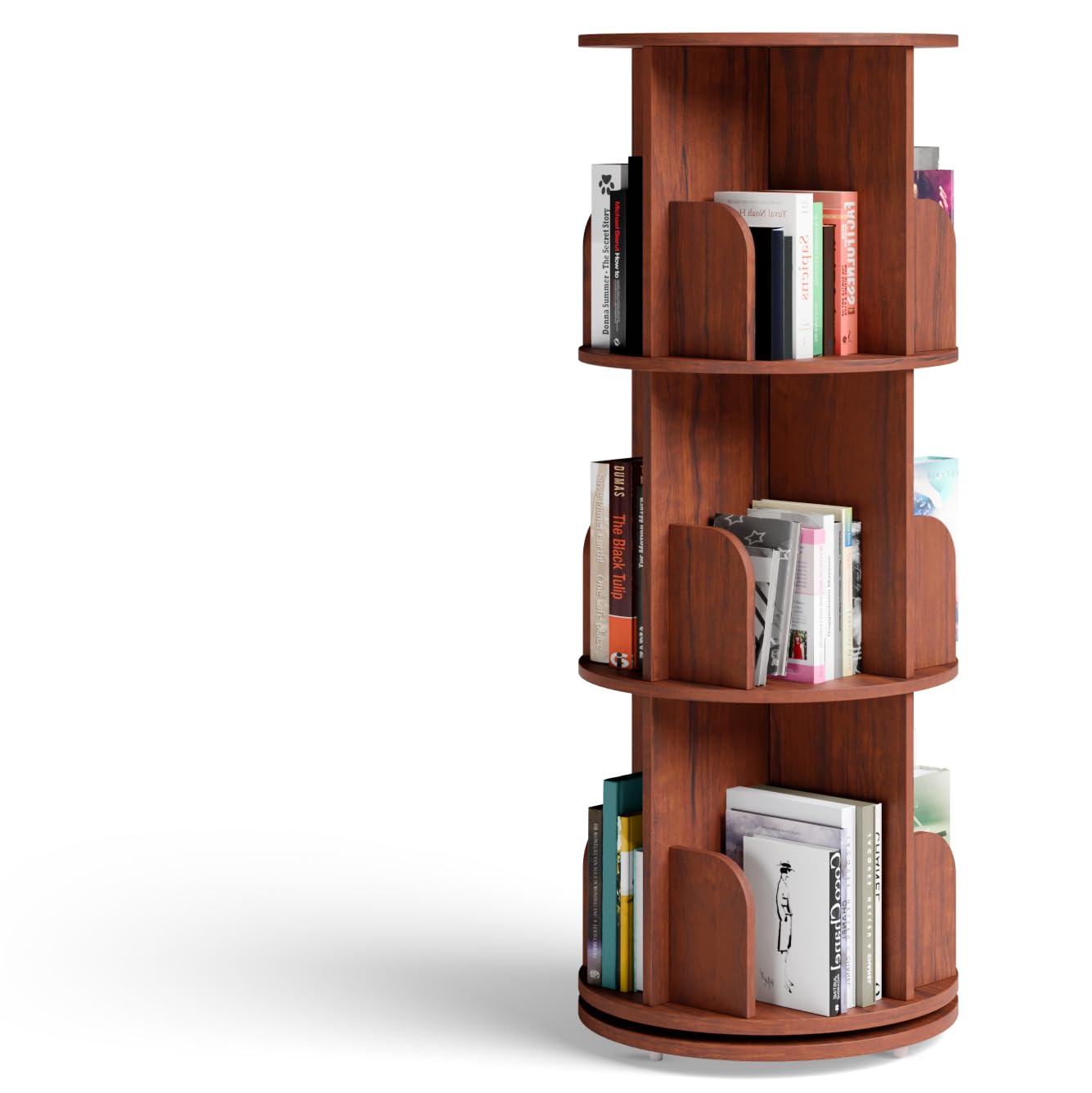 Rocco 360° Rotating Bookshelf | Engineered Wood Free Standing Round Bookcase | Moisture & Scratch Resistant Matte Finish | Book Storage Rack for Bedroom, Living Room, Library (Teak Brown, 3-Tier)