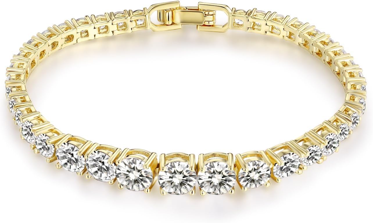 Gemsme Graduated Tennis Bracelet, 18K White Gold/Gold Plated Graduated Round Cubic Zirconia Classic Tennis Bracelet For Women