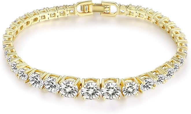 Gemsme Graduated Tennis Bracelet, 18K White Gold/Gold Plated Graduated Round Cubic Zirconia Classic Tennis Bracelet For Women