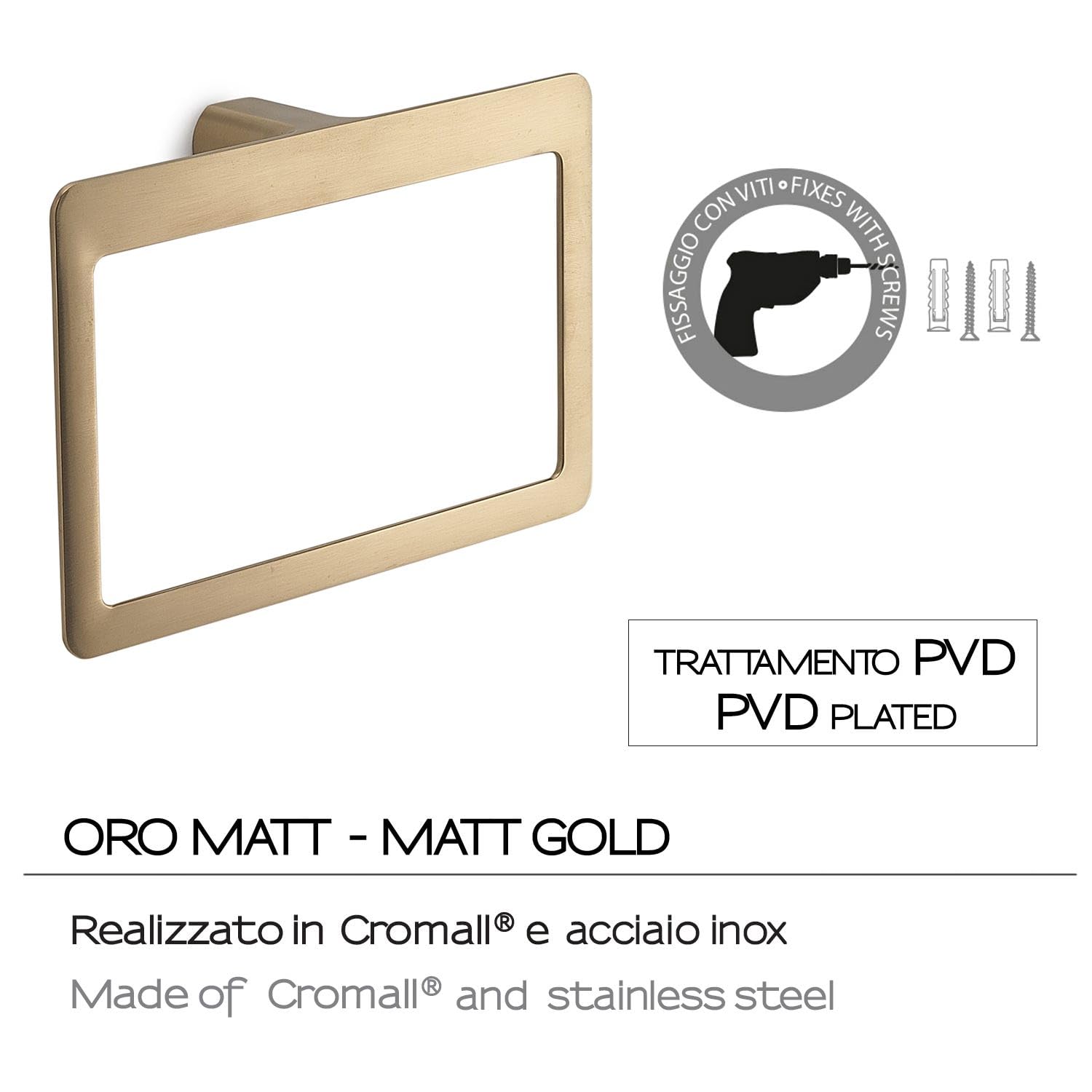 Kiamami Valentina - Toallero de anillo de pared de latón, cromall y acero inoxidable, oro mate, fijación con tornillos, 23 x 15,1 x 5,1 cm, serie Palazzo