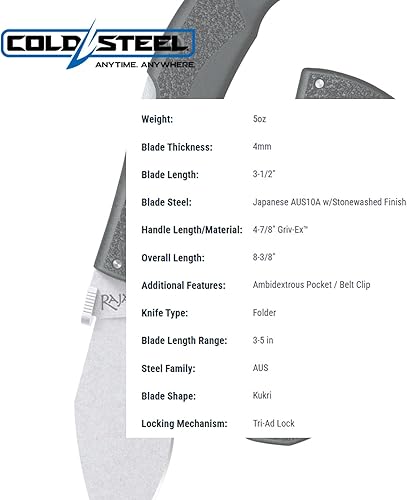 Miniatura 5 de COLD STEEL Serie Rajah - Cuchillo plegable táctico japonés con hoja AUS10A afilada como navaja, mango Griv-Ex, bloqueo Tri-Ad, clip ambidiestro para