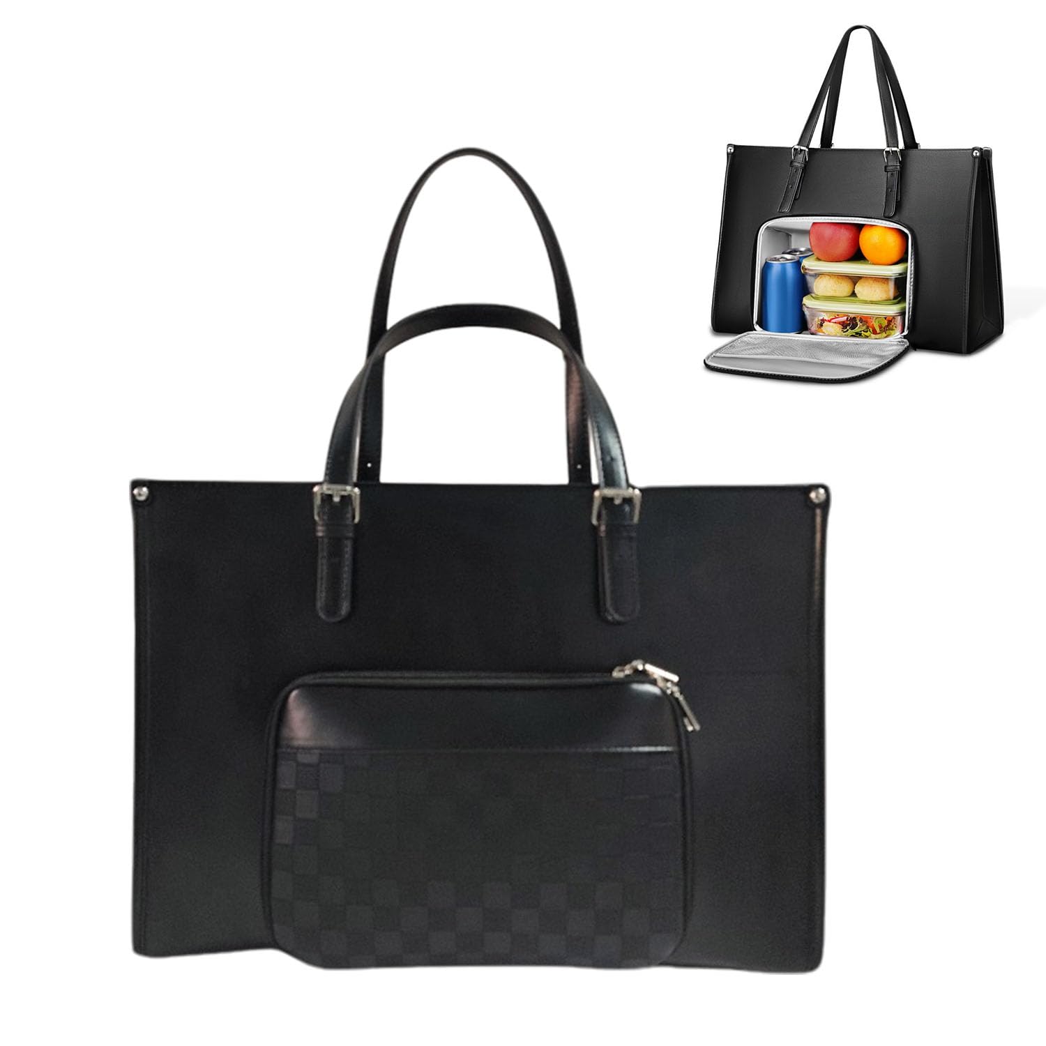 Laptop Bags For Women With Insulated Leakproof Lunch Compartment,15.6 Inch 2 In 1 Tote Bag With Compartments,Lunch Bags For Women PU Leather Ladies Handbag For Office,School,Adjustable Handle(Black)