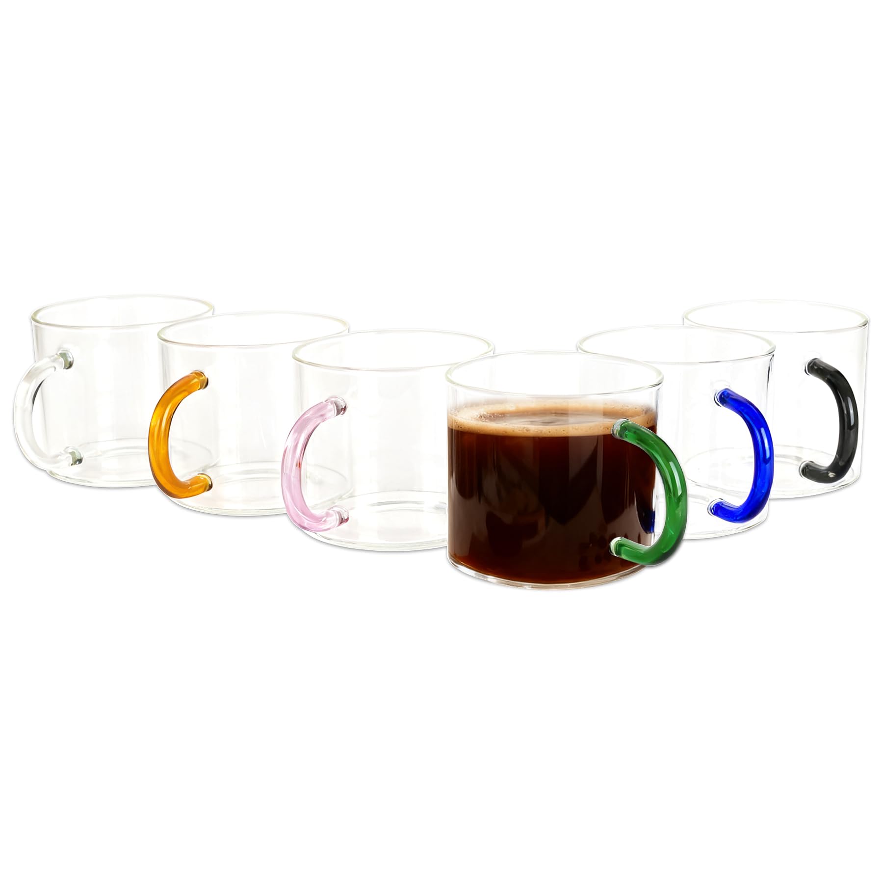 Glass Coffee Mugs with Handle - 10 OZ High Borosilicate Glass Coffee Cups - Transparent Tea Cup for Hot Cold Beverages, Glassware Set for Americano, Latte, Cappuccino (Pastel Handle)