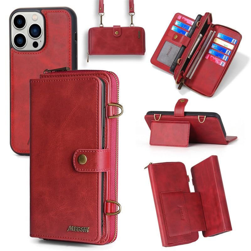 Coque iPhone 15 Pro Max portefeuille détachable 2 en 1 et étui cuir PU rouge