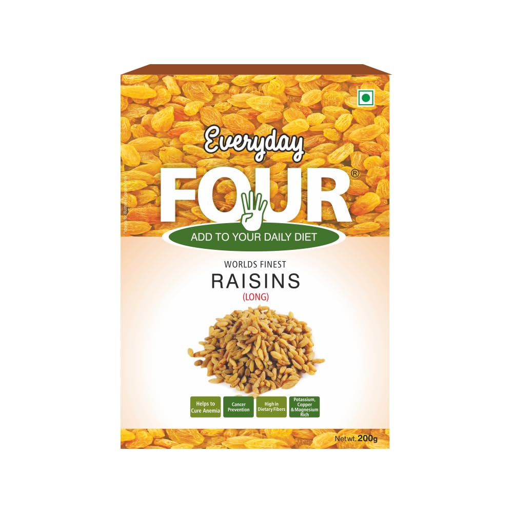 Everyday Four Premium Golden Long Seesless Raisins Dried Indian Yellow Kishmish (Kismish | Kismis | Pili Kismish) Nourishing Your Well-being for a Healthier Lifestyle (Pack of 1-200 gms)