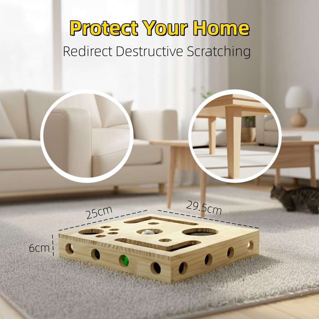 Trynellis Cat Nail File Box for Cats That Hate Trimmers with 3 Sound-Making Toy Ball | Stress-Free Cat Scratch Puzzle Enrichment Toy | Durable Solid Wood Nail Clipper Alternative for Indoor Multi-Cats