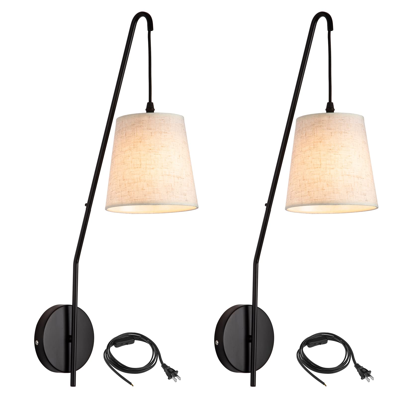 Plug in Wall Sconces Set of Two, Wall Lamps for Bedrooms Set of 2, Black Farmhouse Wall Mounted Lights for Bedside, Living Room, Rustic Sconces Wall Lighting Fixtures with 59inch On/Off Switch Cord