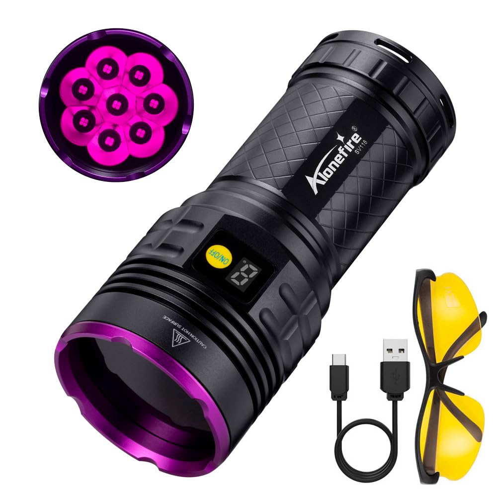 Alonefire SV118 365nm UV Taschenlampe 80W USB Aufladbar Digitale Anzeige Stark Schwarzlicht Haustierurin Detektor für Harz, Angeln, Skorpion, Bernstein, Mineralien mit UV Schutzbrille, Batterie