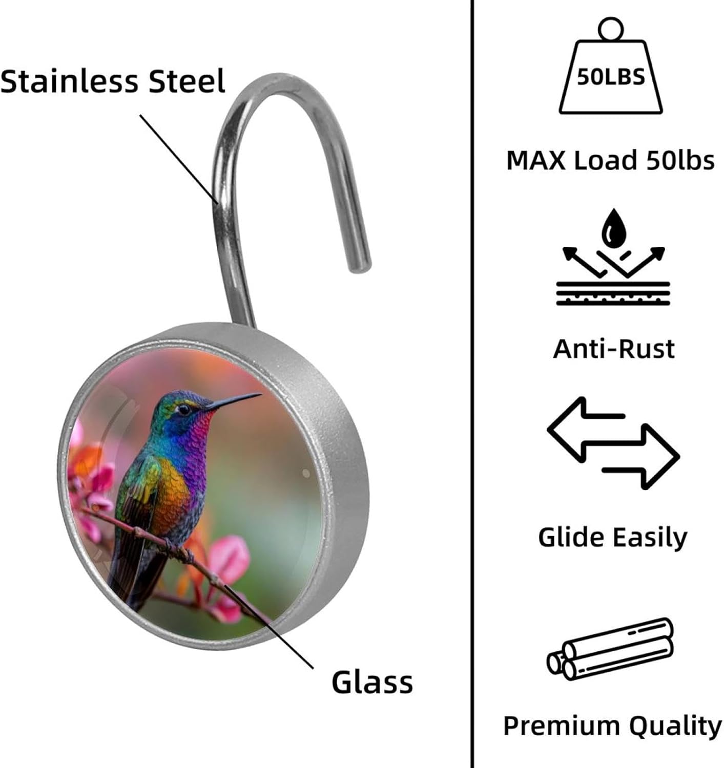 12PCS Hummingbird (2) Shower Curtain Hooks Metal Rust Resistant Decorative Shower Curtain Hooks Bathroom Decorations