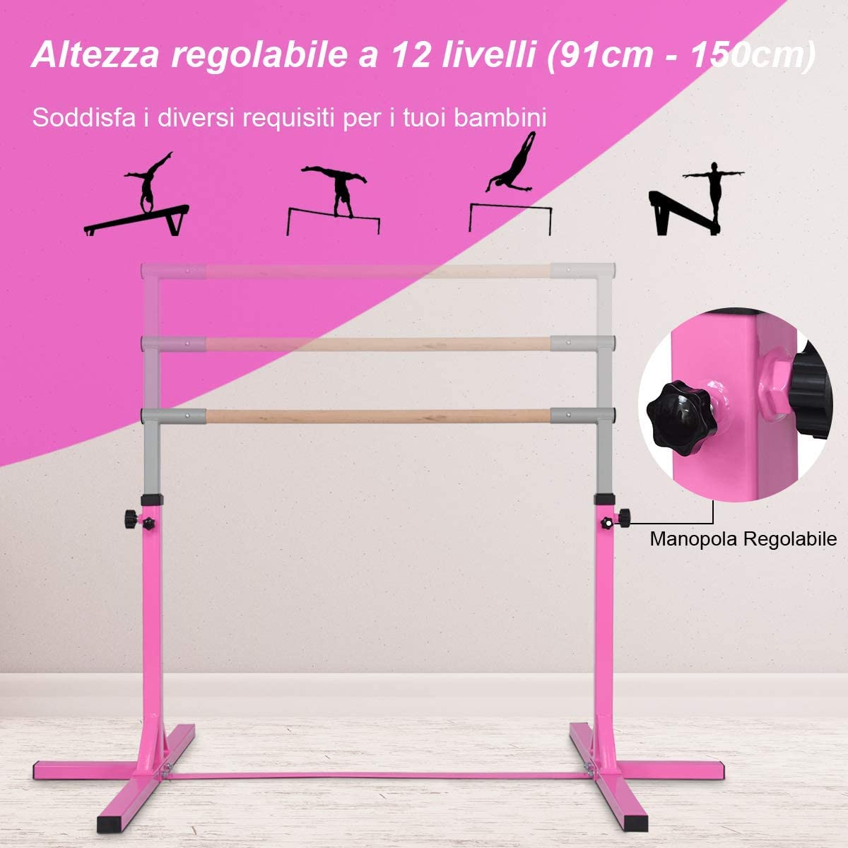 GYMAX Sbarra da Ginnastica Artistica in Legno Massello e Acciaio, Sbarra da Danza Classica per Casa Regolabile in Altezza tra 91 e 150 cm, con Portata di 100 kg, 200 x 121 x 91/150 cm
