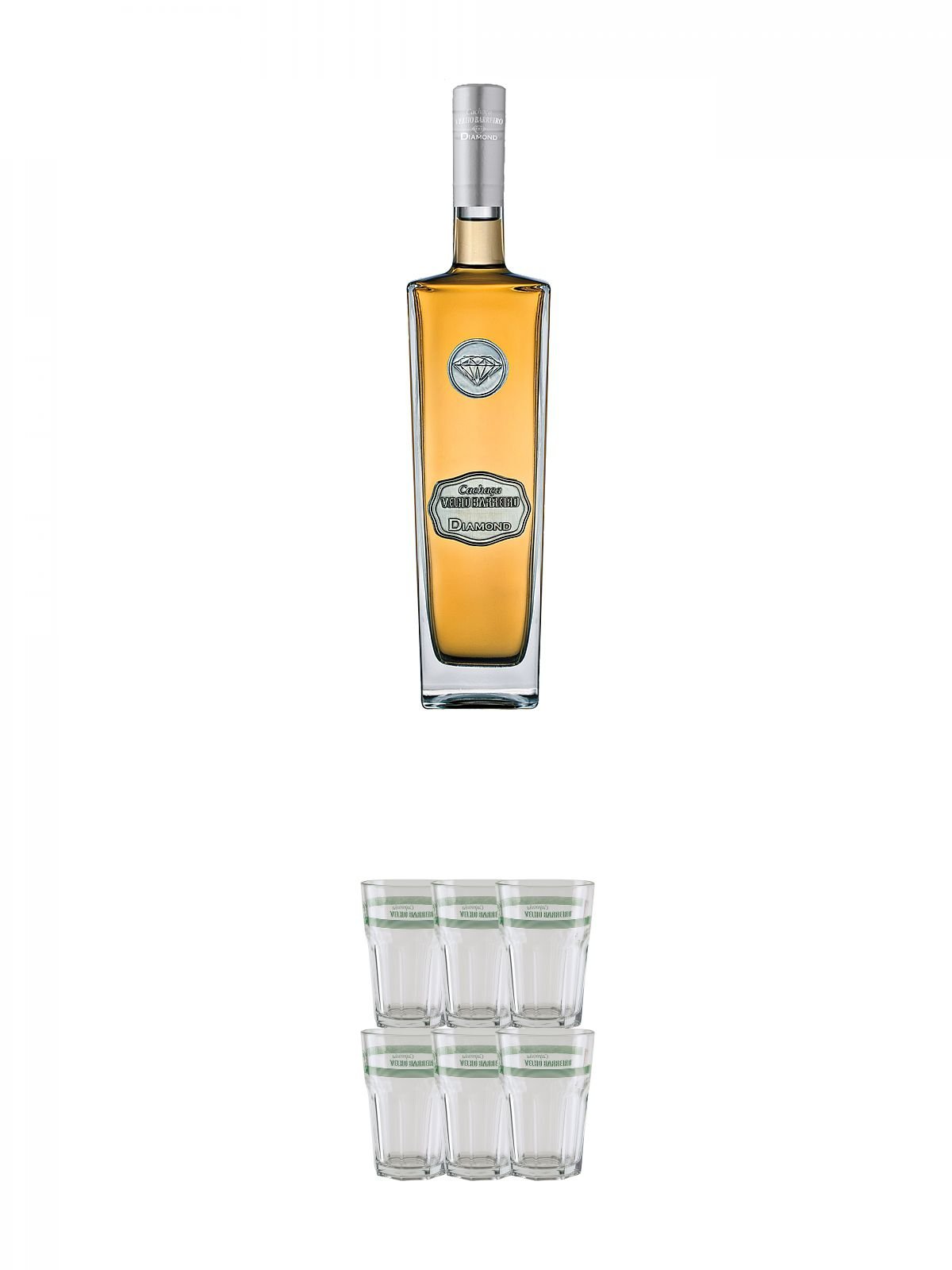 Velho Barreiro Cachaca Diamond 0,7 Liter + Velho Barreiro Caipirinha Glas 6 Stück
