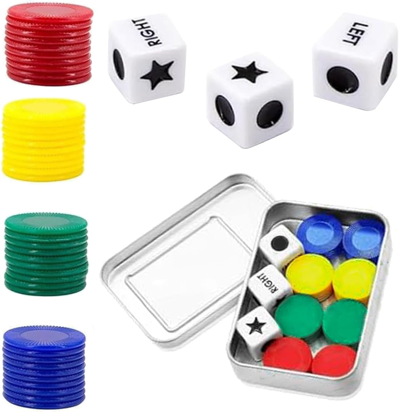 CKCSHI Left Right Centre Dice Game, Dice Games, Left Right Centre Dot Board Sets, Dice Game Set Including 3 Dices 40 Colorful Chips for Party Family Friends Gatherings Camping Picnic Game