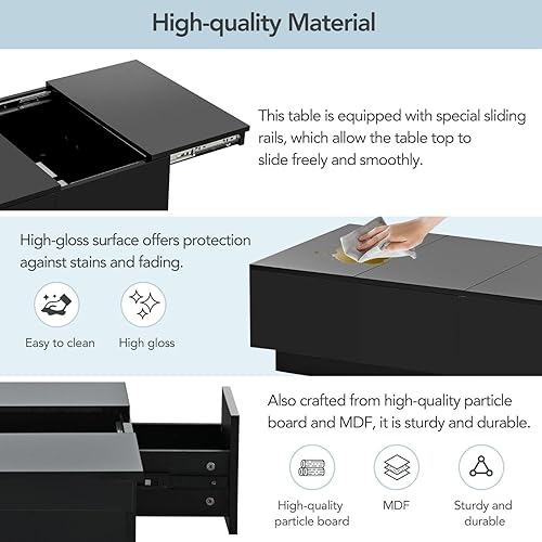 Miniatura 7 de Mesa de centro moderna de alto brillo con compartimentos de almacenamiento ocultos, mesa central extensible con parte superior deslizante