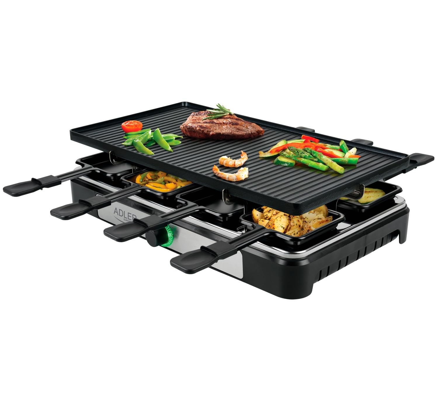 Adler AD6616 elektryczny grill raclette w komplecie z patelniami – bezdymny grill w nowoczesnym stylu dla 8 osób – duża powierzchnia grillowania – elektryczny ruszt do grillowania – do smażenia potraw
