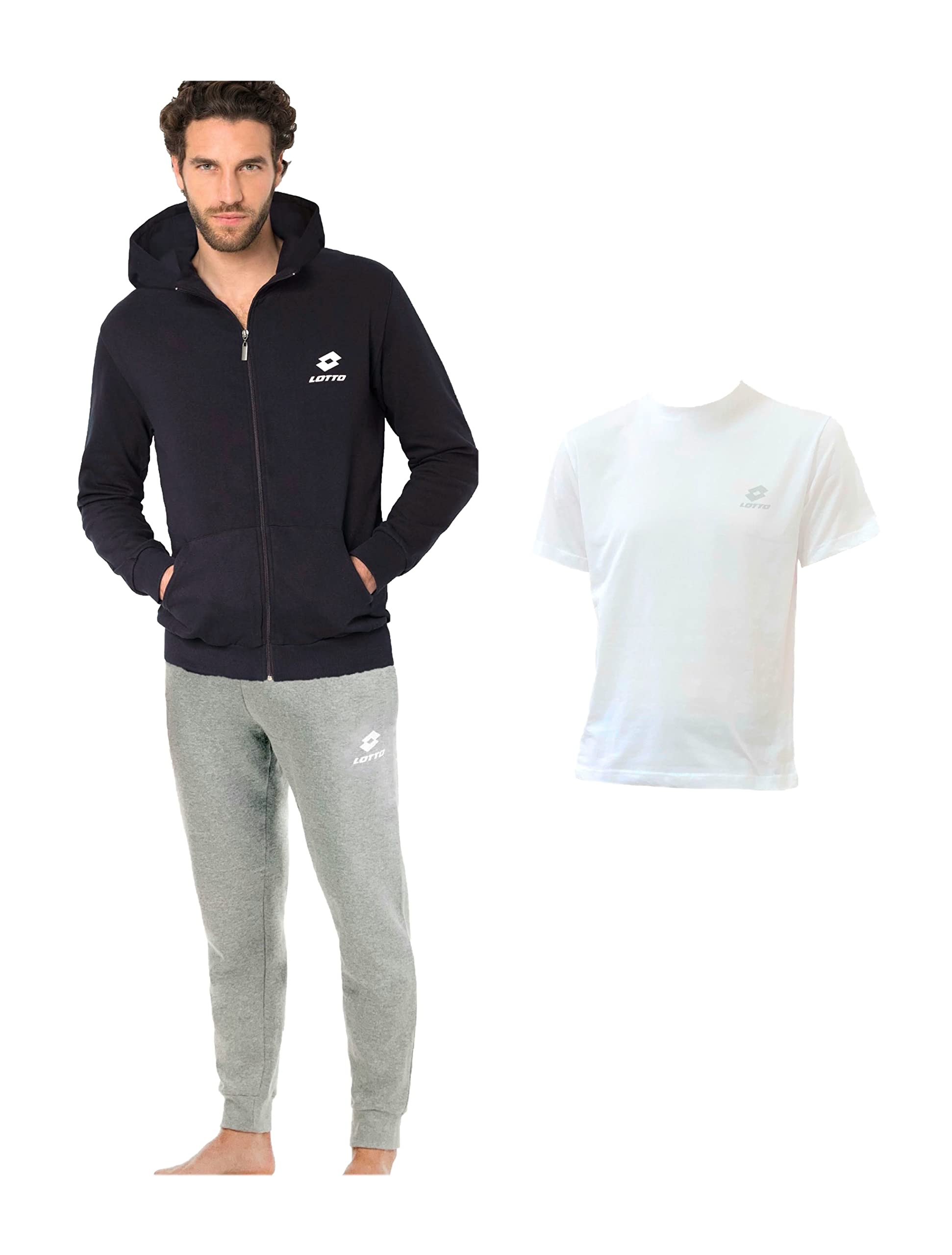 LOTTO Tuta Uomo Invernale + T-Shirt in Omaggio Tuta Uomo in Felpa di Cotone GARZATO con Zip Intera Tuta Uomo Completa (Felpa Nero+Pantalone Grigio-T-Shirt in Omaggio, M)