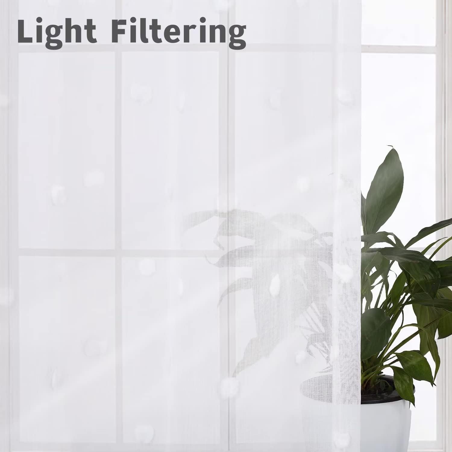 GlowSol White Pom Pom Sheer Curtains for Living Room Voile Sheer Curtains for Bedroom Nursery Girls Room Grommets Farmhouse Semi Sheer Drapes (White Pom, 52"×63")