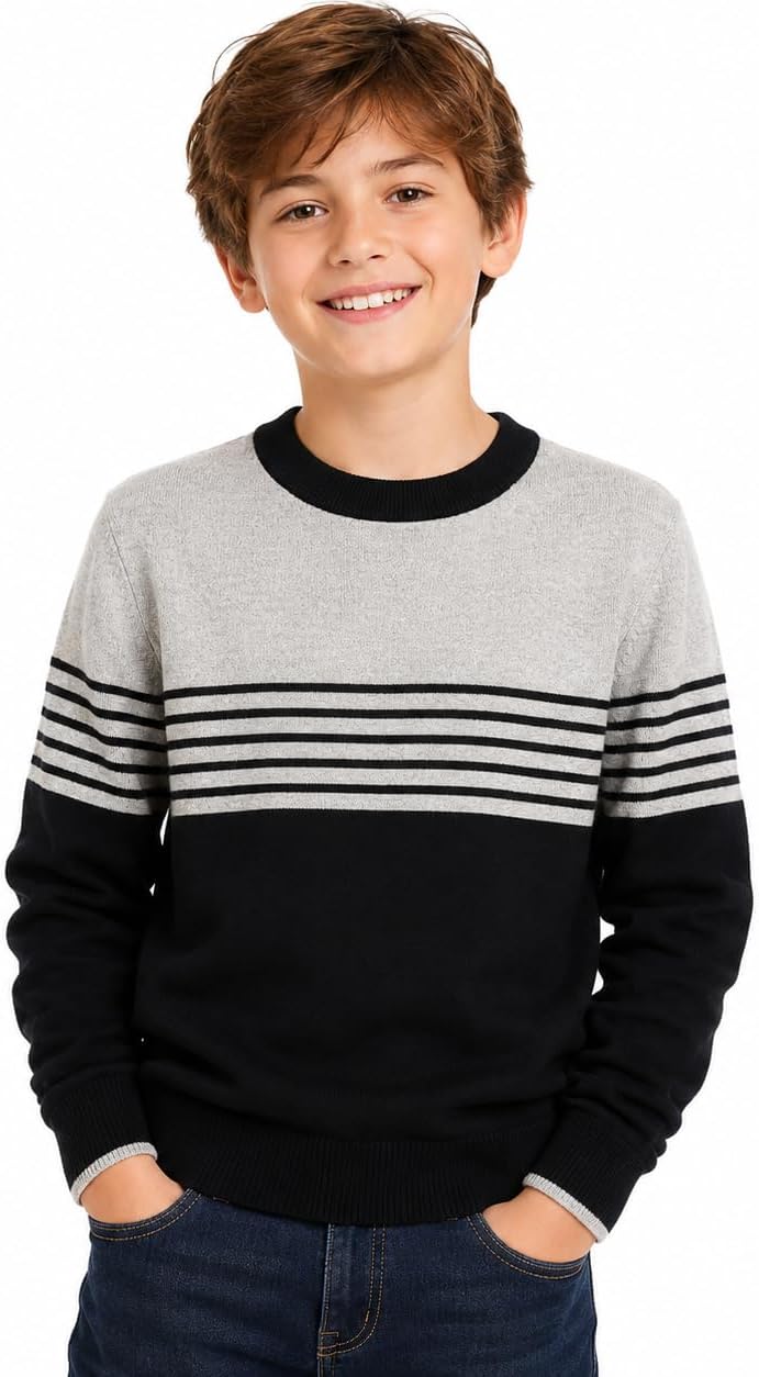 Bienzoe Boys Long Sleeve Sweater: Kids Crewneck Cotton Jacquard Pullover - Casual Knit for Fall Winter School Holiday Family