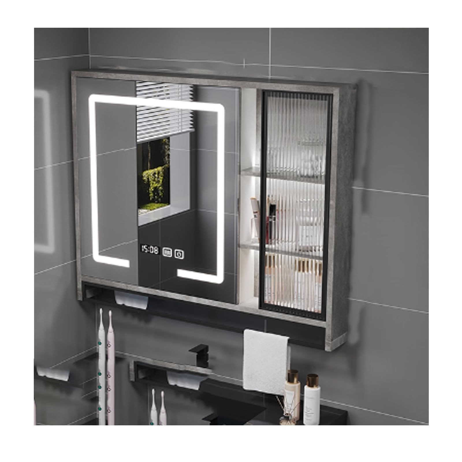 Armadietto per medicinali da bagno grigio con specchio, grande armadietto per trucchi in legno massello multistrato display orario 70 cm (27,5 pollici) perfetto per spazi organizzati