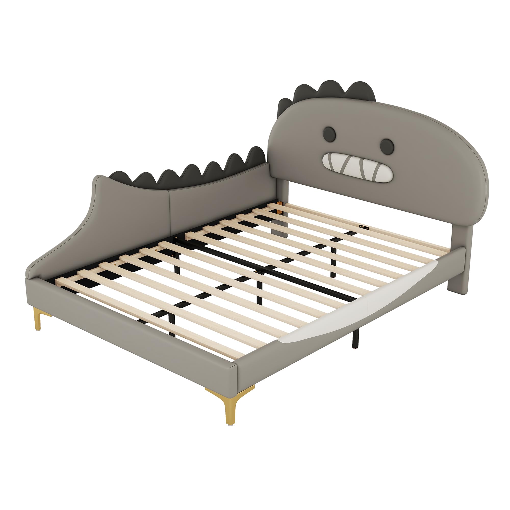 Cama infantil de 140 x 200 cm, diseño de dinosaurio, cama plana, material de poliuretano, color gris