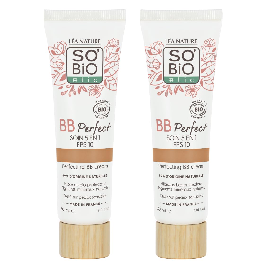 LÉA NATURE SO BiO étic| BB Crème 5 en 1 certifiée Bio - Perfect | Médium | Hydrate – Unifie – Lisse – Protège la peau | Hydrolat d'hibiscus bio | SPF 10 | Vegan | Made in France| Lot de 2x30 ml