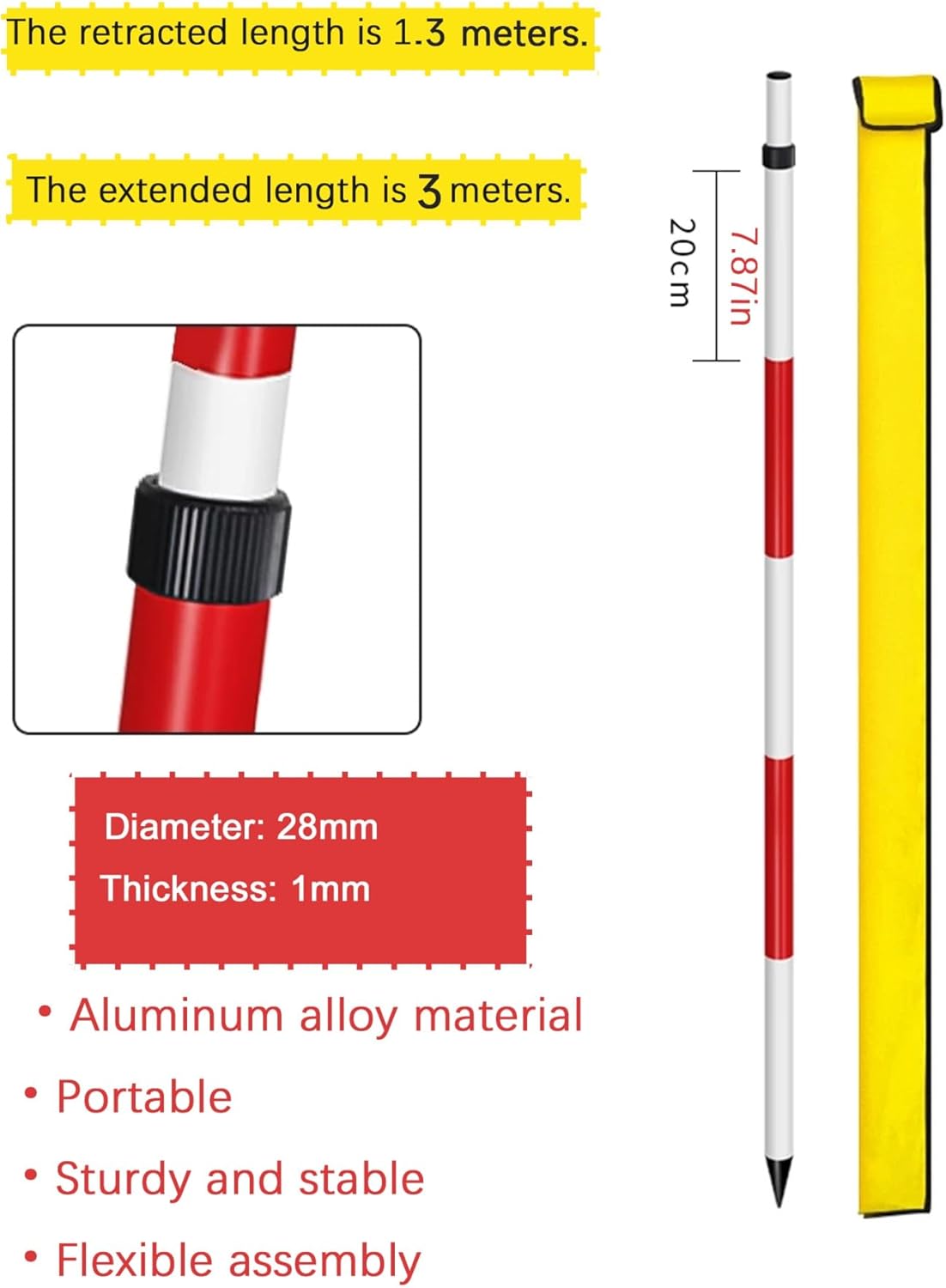 Telescopic Aluminum Prism Pole with Storage Bag - 9.84ft Adjustable Survey Rod for Total Station Surveying, Construction Tool for Accurate Measurements,9.84 Feet