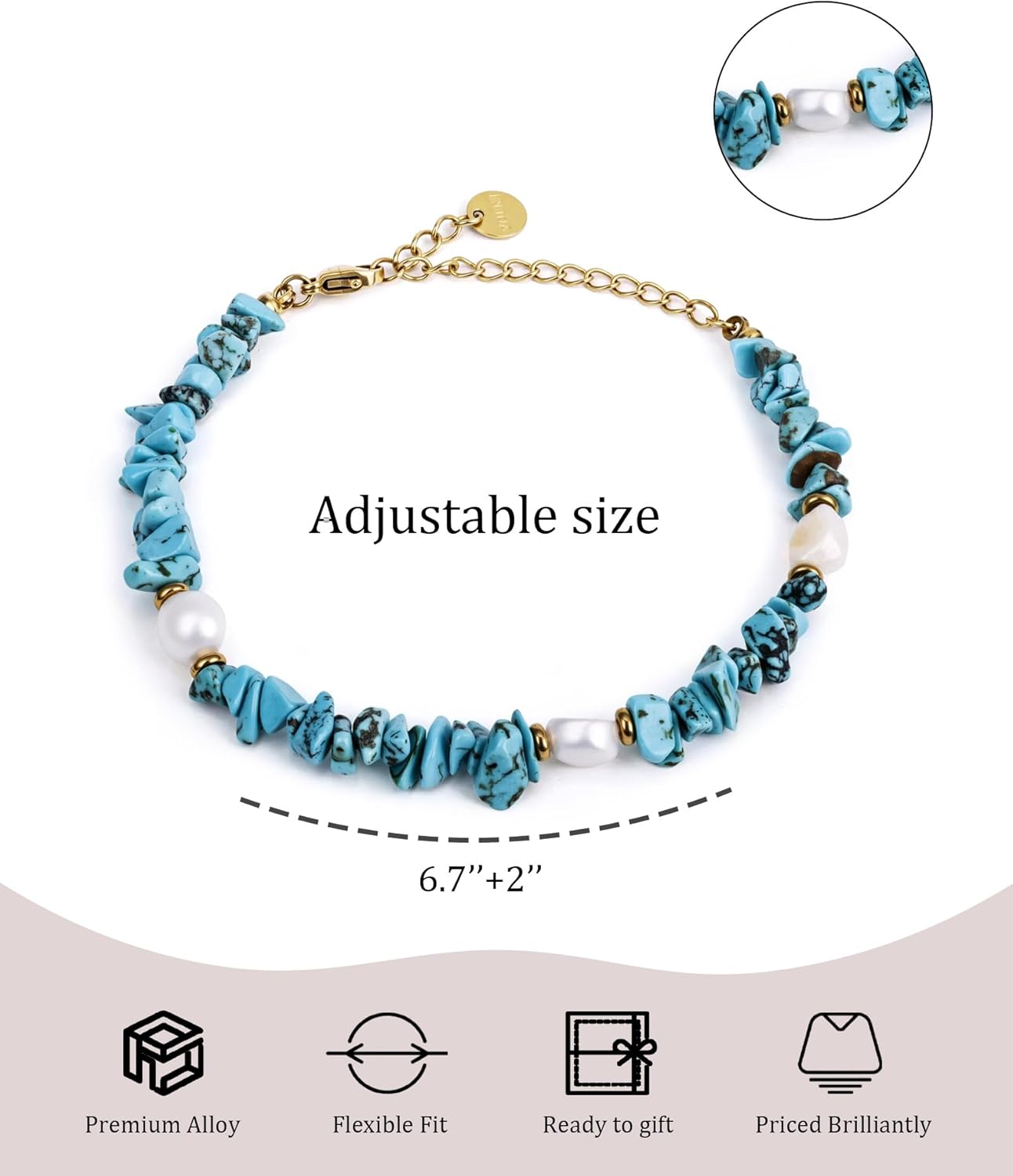 Turquoise Link Bracelet for Women with Pearl Accents - Gold Stainless Steel Chain Adjustable Beaded Bracelet December Birthstone Boho Jewelry for Her Mom Wife Girlfriend Anniversary Jewelry - Image 4
