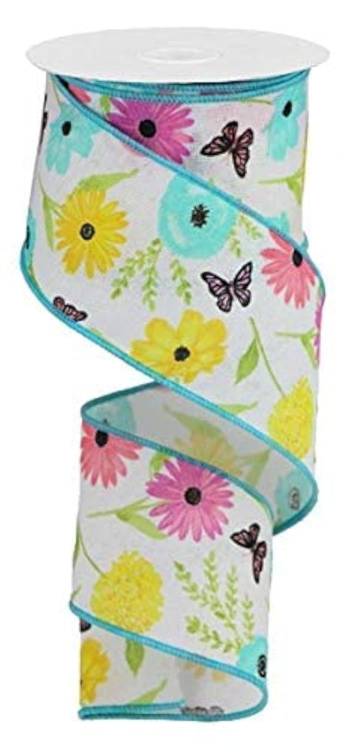 Wildflowers on Canvas Wired Edge Ribbon, 10 Yards (White, Green, Pink, Lavender, 2.5 Inch)