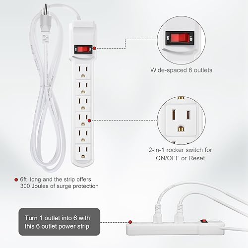 Miniatura 9 de Kanayu 12 tiras de alimentación con 6 tomacorrientes de 6 tomas de corriente de extensión eléctrica de 6 pies de largo, extensor de toma de